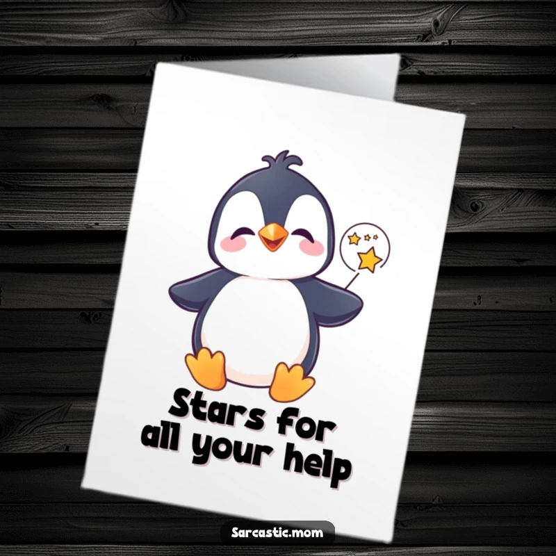 Funny Free Printable Thank You Card: A giggling penguin holds a speech bubble brimming with shiny stars to say thanks.