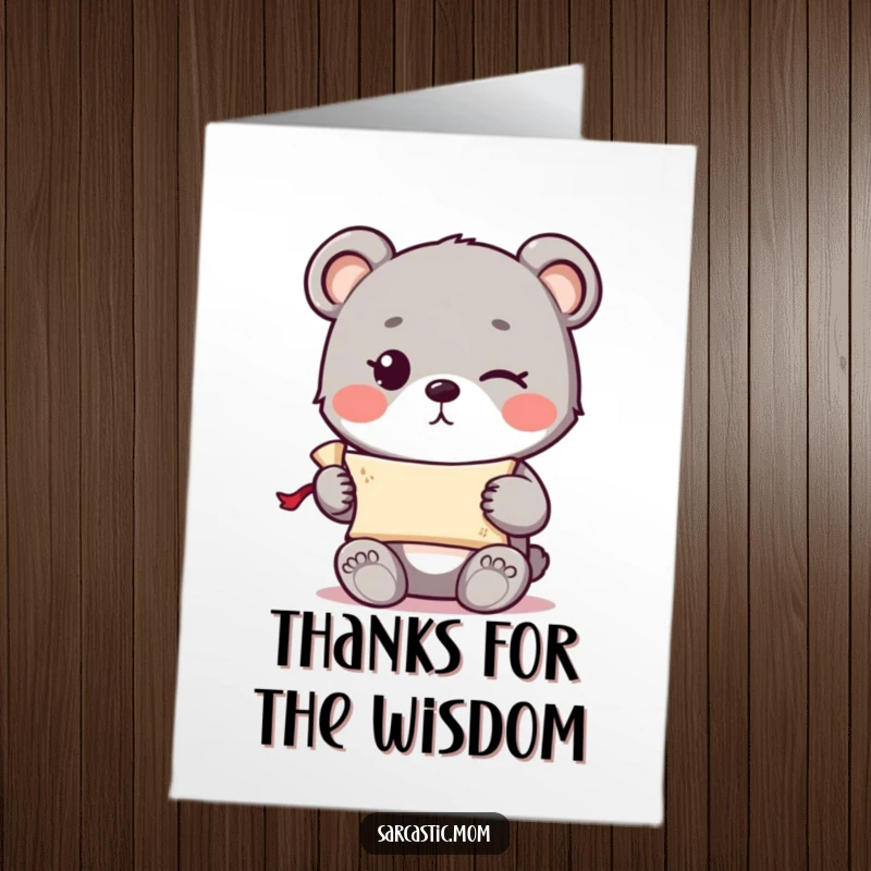 Funny Free Printable Thank You Card: Cute bear cub winking, holding secret scroll, expressing thanks, DIY gift.