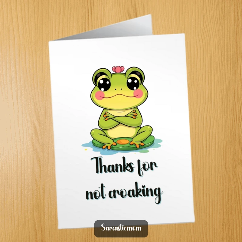 Funny Free Printable Frog Mom Thank You Card: Frog mom with crossed arms, judging a splattered pad while saying thanks.