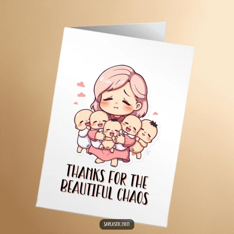 Funny Free Printable Thank You Card: A mother figure looks tired but amused while cradling several babies, a picture of loving chaos.