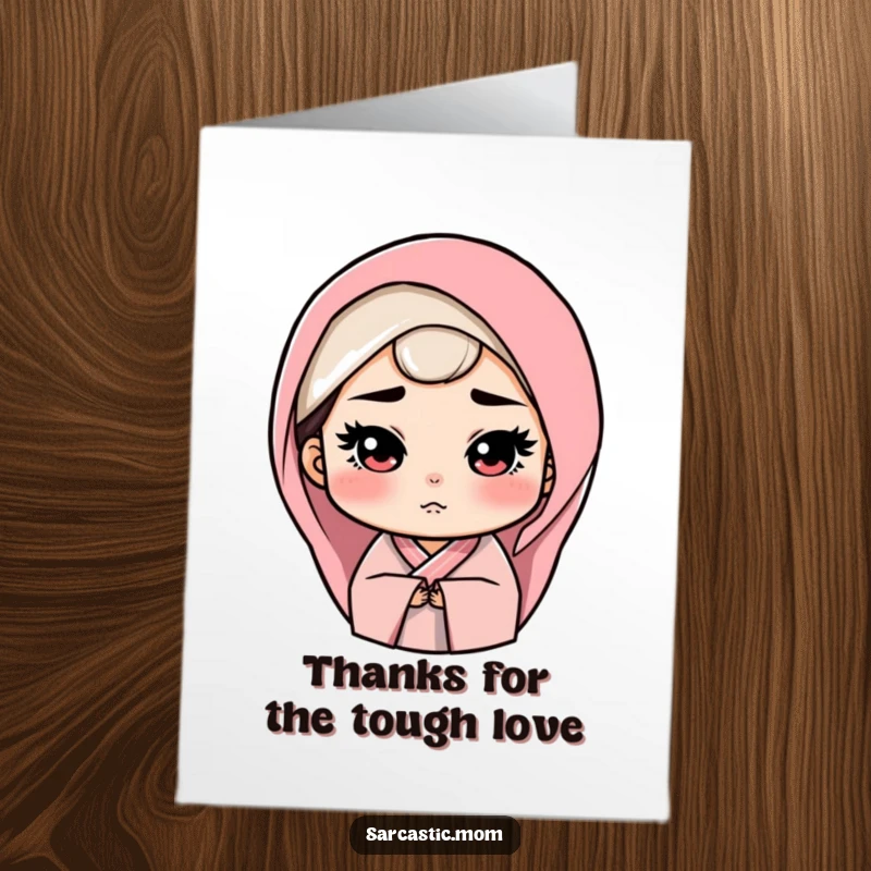Funny free printable thank you card depicting a mother figure with a stern yet loving gaze, conveying sincere appreciation.