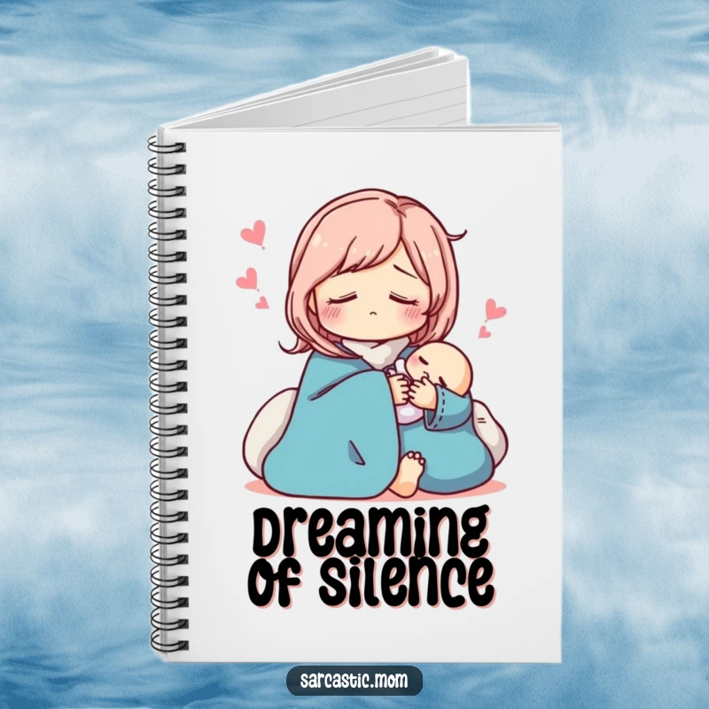 Funny sarcastic mom notebook, pretending to sleep while holding a baby. Humorous stationery.