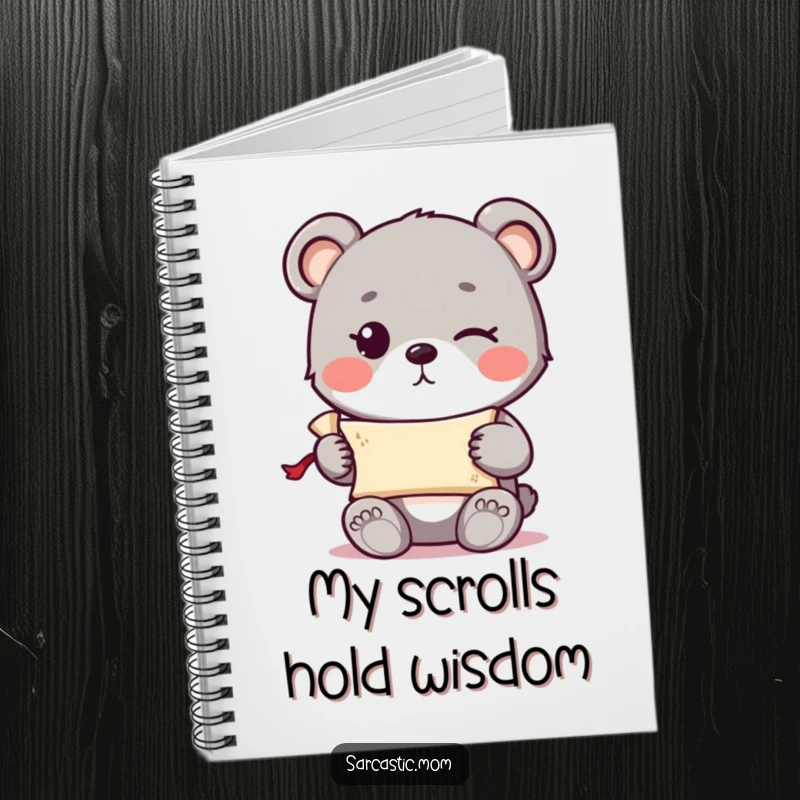 Funny cute bear cub with a knowing wink holding a tiny rolled-up scroll on a notebook cover.