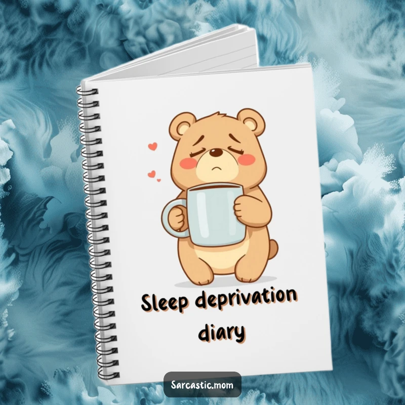 Funny Mama Bear notebook featuring a weary bear mom holding a large coffee mug, perfect for journaling.