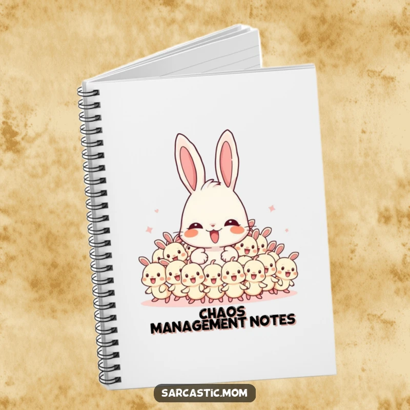 Funny Mama Bunny notebook featuring an overwhelmed mother bunny with energetic baby bunnies, perfect for journaling or planning.