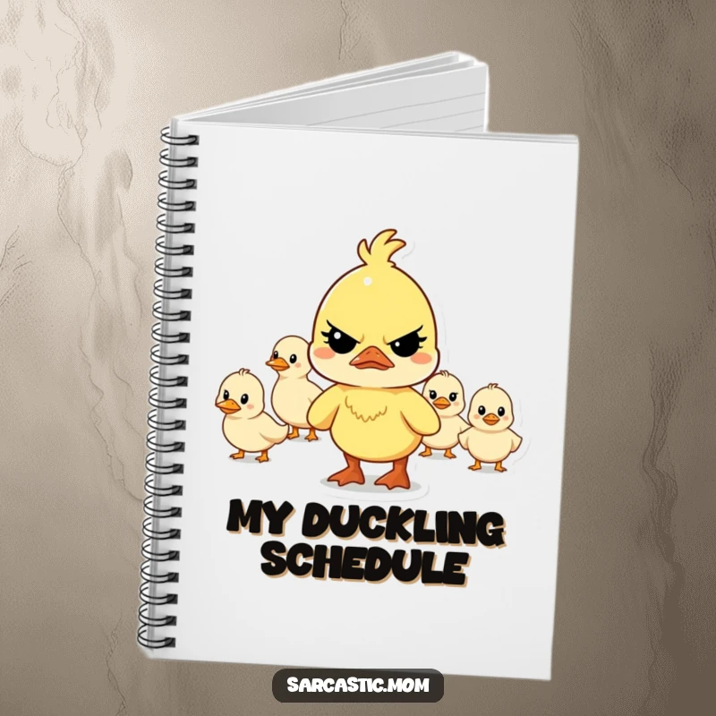 Funny determined mother duck character leading a chaotic line of ducklings, ready to jot down notes in this charming and humorous notebook.
