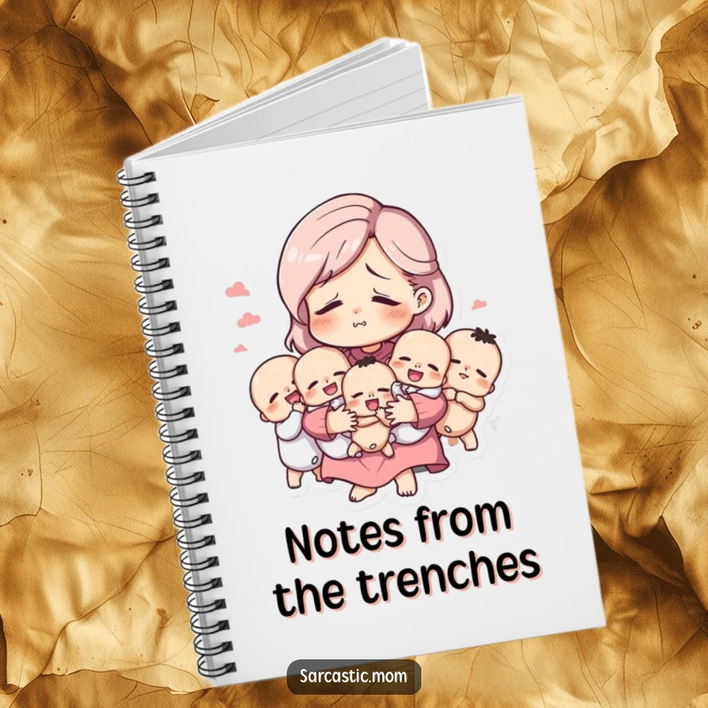 Funny notebook with a tired but amused mother figure holding many babies, for jotting down thoughts with humorous maternal energy.