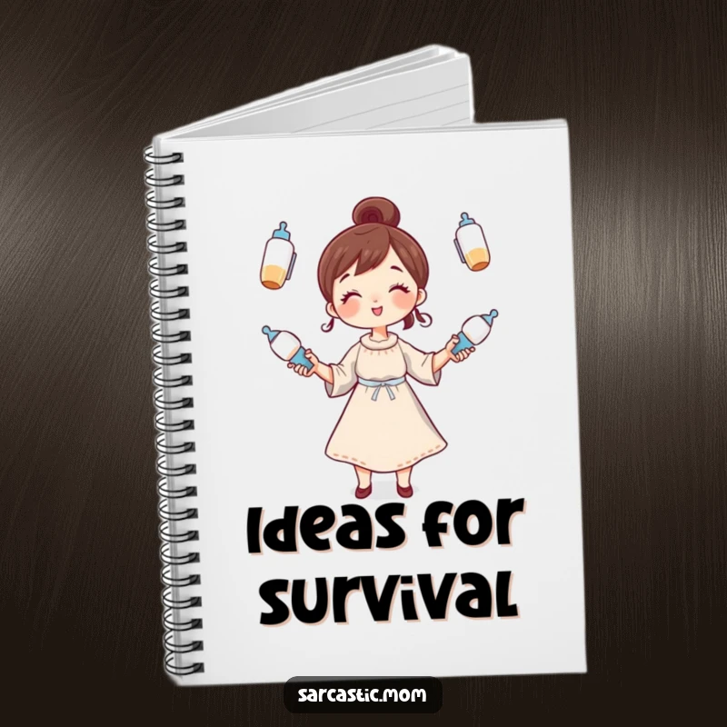 Funny Notebook: A whimsical character mother juggling baby bottles, perfect for note-taking with a humorous parenting theme.