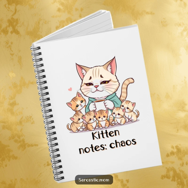 Funny Weary Cat Mom Notebook, featuring a coffee cup and chaotic kittens on the cover, ideal for notes and observations.