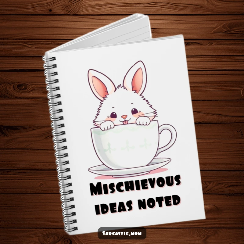 Funny fluffy bunny peeking over a steaming teacup with a mischievous grin on a notebook cover.