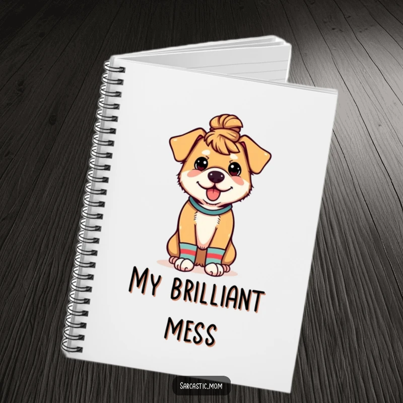 Funny notebook featuring a dog mom with a messy bun and mismatched socks, perfect for notes and dog-related thoughts.