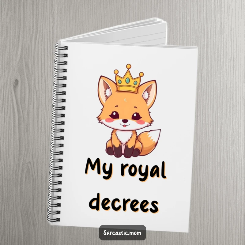 Funny fox cub notebook cover, featuring a tiny, crooked crown on its head, ready for notes. A cute funny gift.