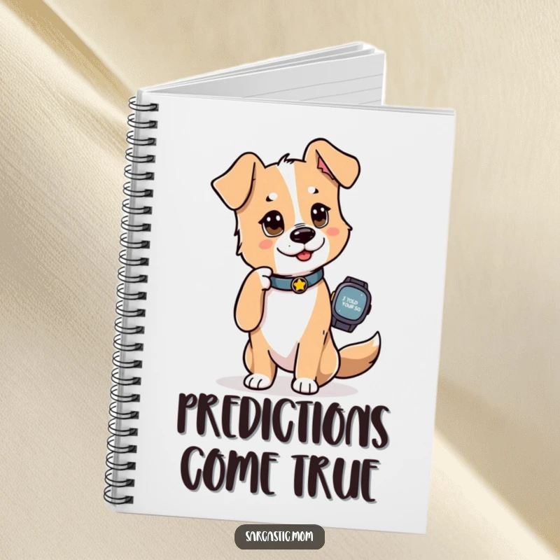Funny Dog Mom Notebook, featuring a dog mom tapping her watch with an 'I told you so' look on the cover, ideal for notes.