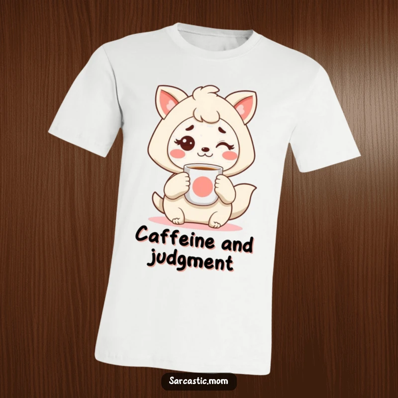 Funny Kawaii mother animal t-shirt, holding coffee, with a raised eyebrow, showing mom's vigilant and humorous attitude, a perfect funny gift.