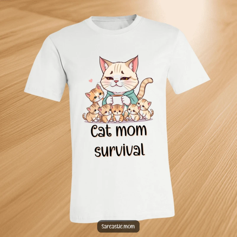 Funny Weary Cat Mom T-Shirt design showing a tired mom with coffee amidst a whirlwind of playful, chaotic kittens.
