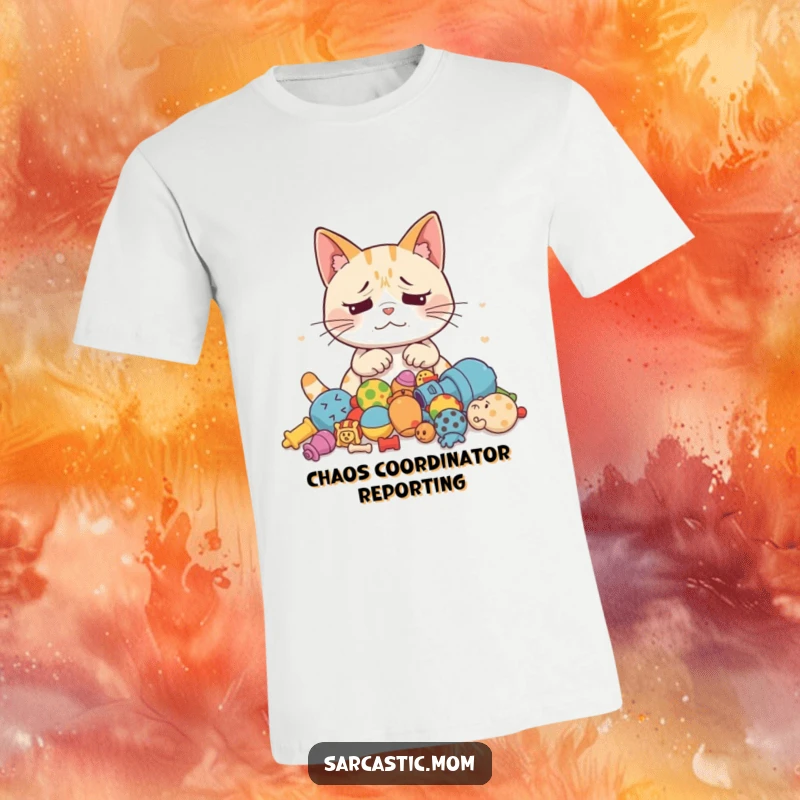 Funny Cat Mom t-shirt depicting an exasperated mother cat surveying a chaotic pile of scattered toys, a symbol of cat owner life.