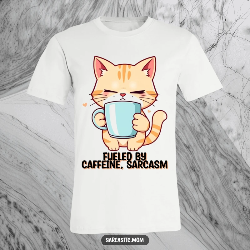 Funny cat mom rolling eyes, wearing a t-shirt while holding coffee, expressing mom exhaustion and humor.