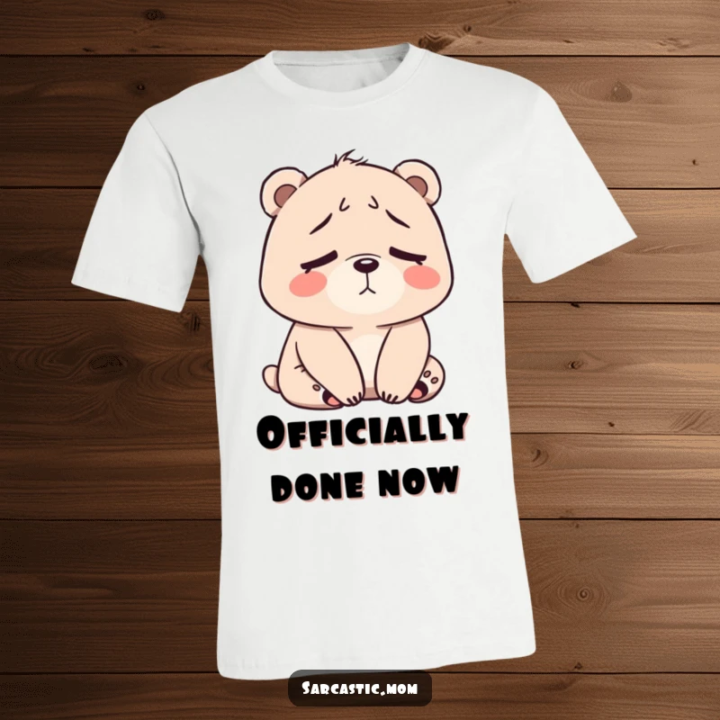Funny Bear Mom T-Shirt depicting a weary bear mom with a sigh and slumped posture, embodying maternal fatigue.