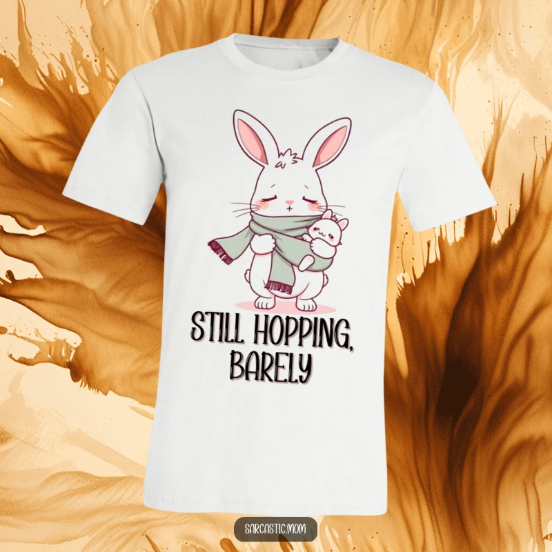Funny tired bunny mom in a baby sling scarf t-shirt, embodying relatable and humorous parenting struggles.