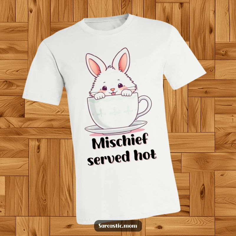 Funny fluffy bunny peeking over a steaming teacup with a mischievous grin on a comfortable t-shirt.