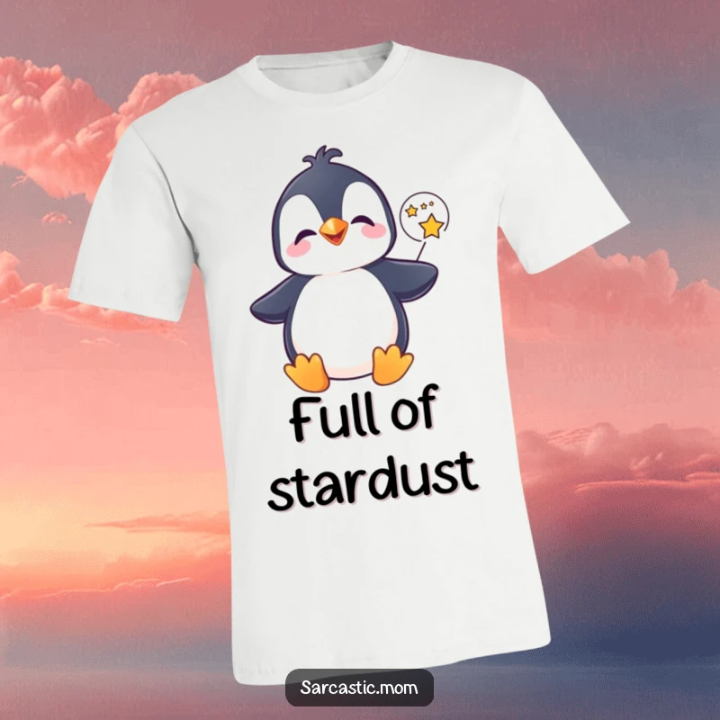 Funny penguin t-shirt, giggling while holding a star-filled speech bubble, symbolizing pure happiness. A cheerful funny gift.