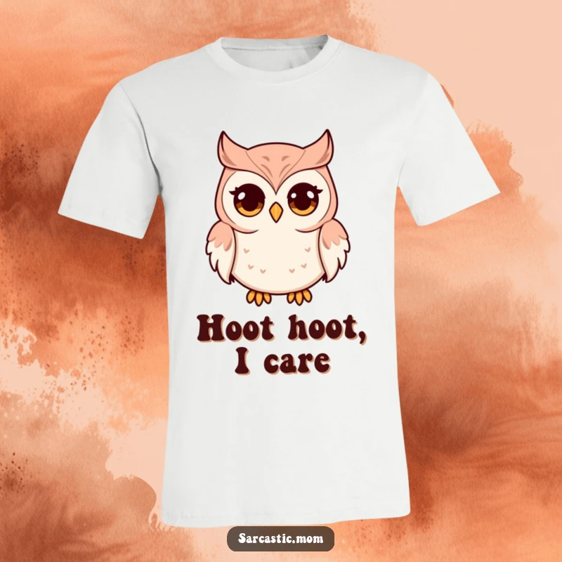 Funny t-shirt graphic of an owl mom character with very wide eyes and a tightly pursed beak, expressing humorous wisdom or sass.