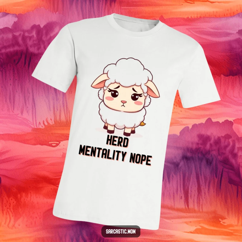 Funny t-shirt graphic of a sheep mom character with a patient expression and a subtle hint of exasperation. Captures relatable maternal fortitude.
