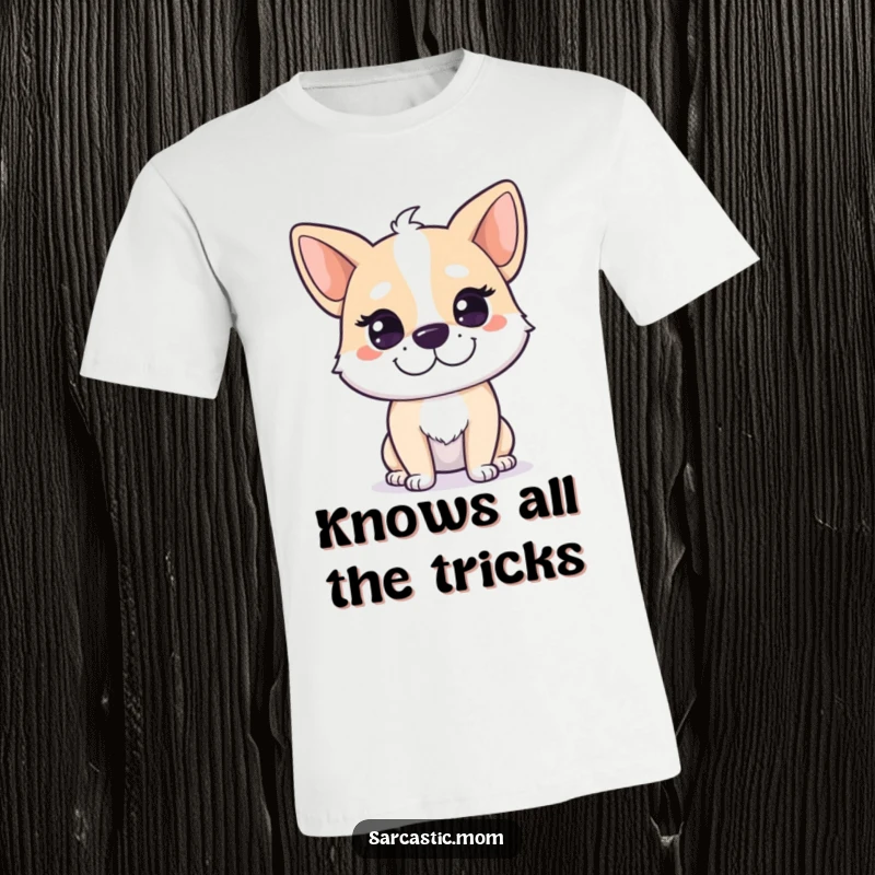 Funny Dog Mom T-Shirt showcasing a dog mom character with a sly, knowing smirk, perfect for dog enthusiasts.