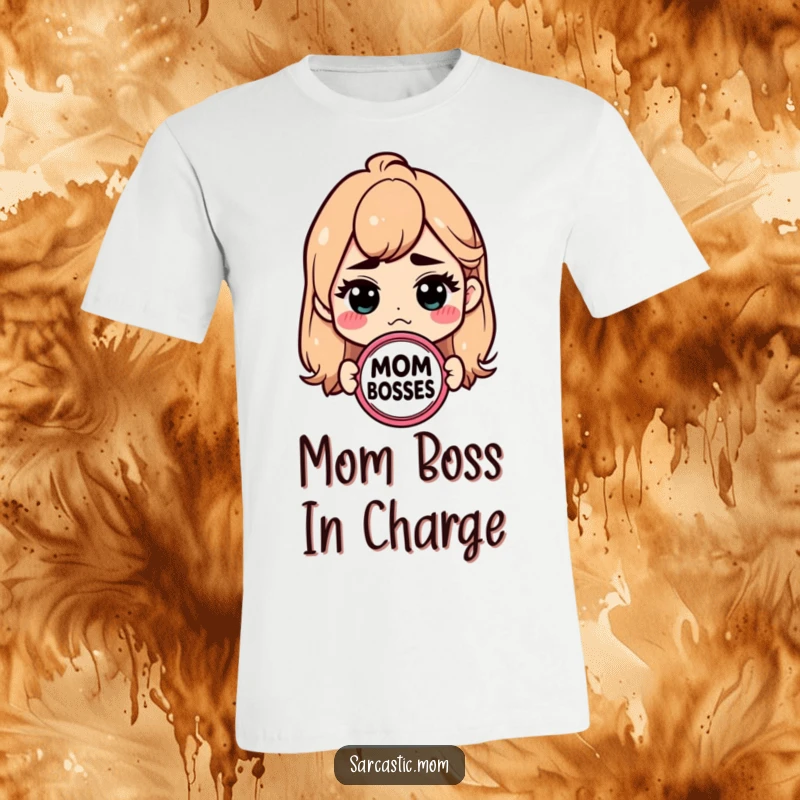 Funny Mom Boss t-shirt featuring a sarcastic badge. A humorous and stylish top for moms.