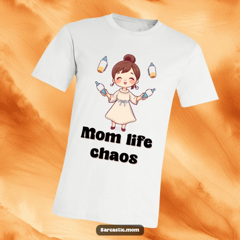 Funny T-Shirt: A whimsical mother character energetically juggling baby bottles, symbolizing the busy life of a parent.