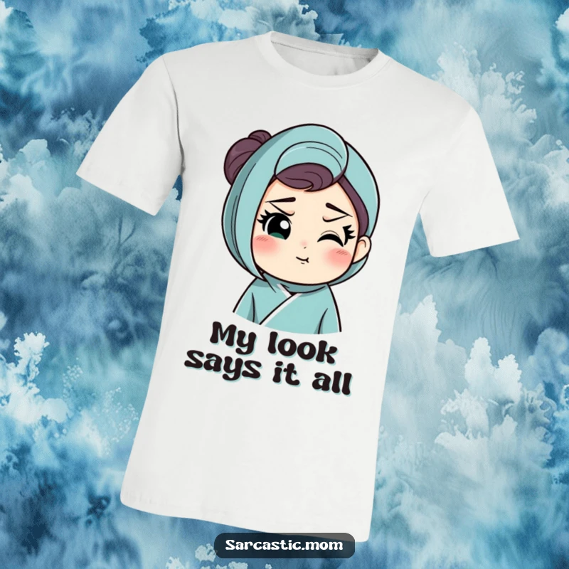 Funny t-shirt with a mother figure's raised eyebrow and knowing smirk, humorously depicting maternal intuition and subtle disapproval.