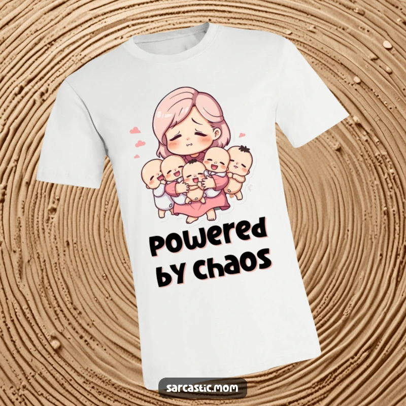Funny t-shirt depicting a tired but amused mother figure holding multiple babies, humorously highlighting the demands of motherhood.