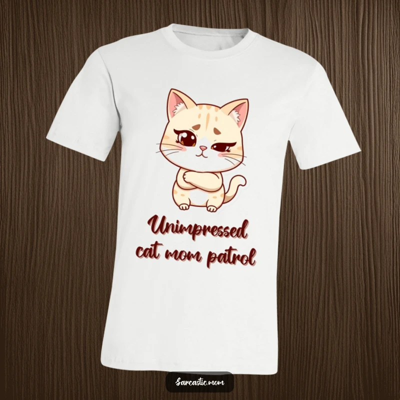 Funny cat mom t-shirt depicting a woman with a raised eyebrow and crossed arms, conveying humorous disapproval and cat-like scrutiny.
