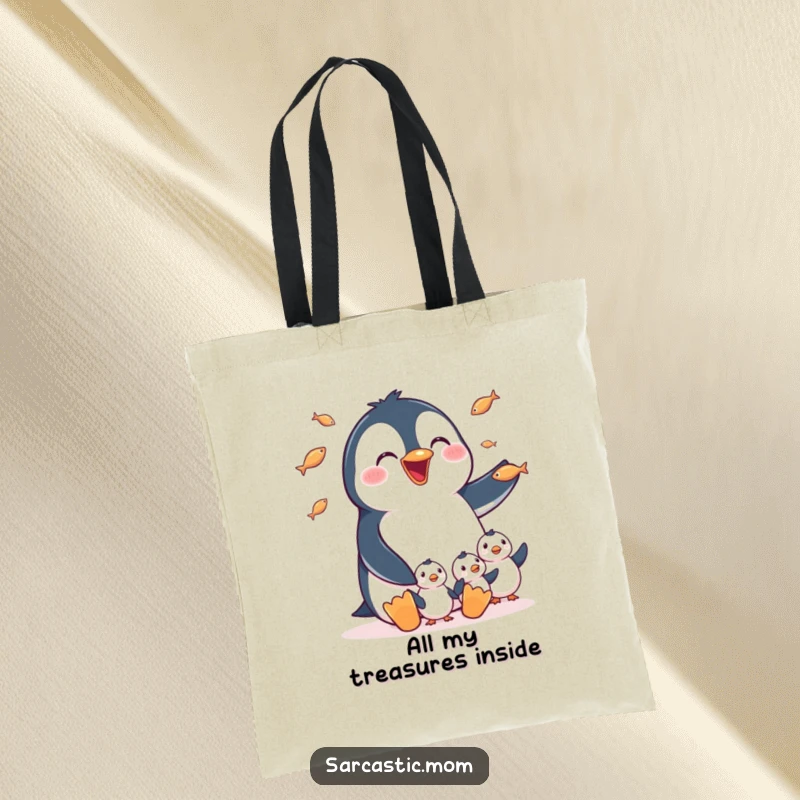 Funny Tote Bag: A happy penguin mom juggling small fish for her chicks, a cute and practical accessory for animal lovers.