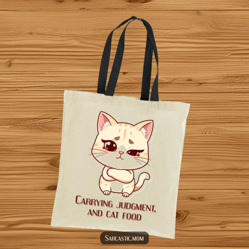 Funny cat mom tote bag illustrating a woman with a raised eyebrow and crossed arms, embodying humorous skepticism and feline-like judgment.