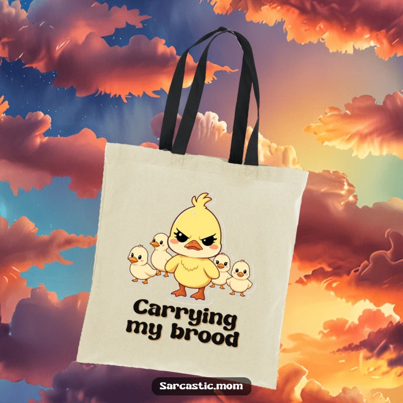 Funny determined mother duck character leading a chaotic line of ducklings on this stylish and humorous tote bag.