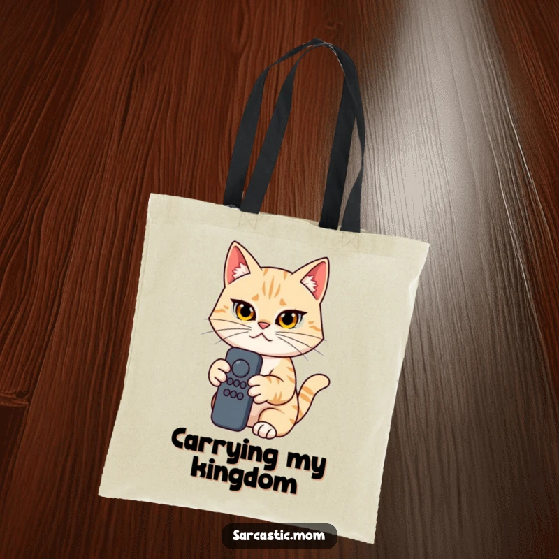 Funny Cat Mom Tote Bag, determined woman holding a remote control, practical and humorous accessory for TV fans, funny gift.