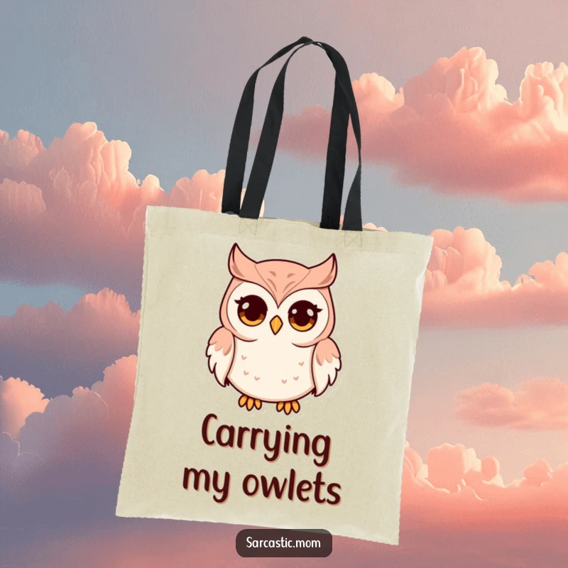 Funny tote bag featuring an owl mom with large, wide eyes and a pursed beak. This design is perfect for carrying essentials with a touch of humor.