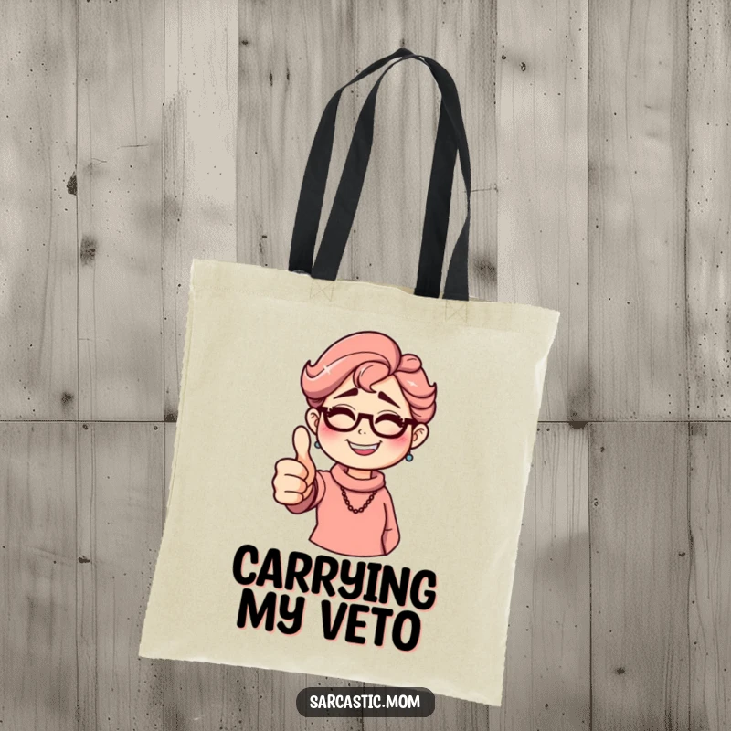 Funny sarcastic mom tote bag, giving a thumbs down with a grin. Humorous parent accessory.