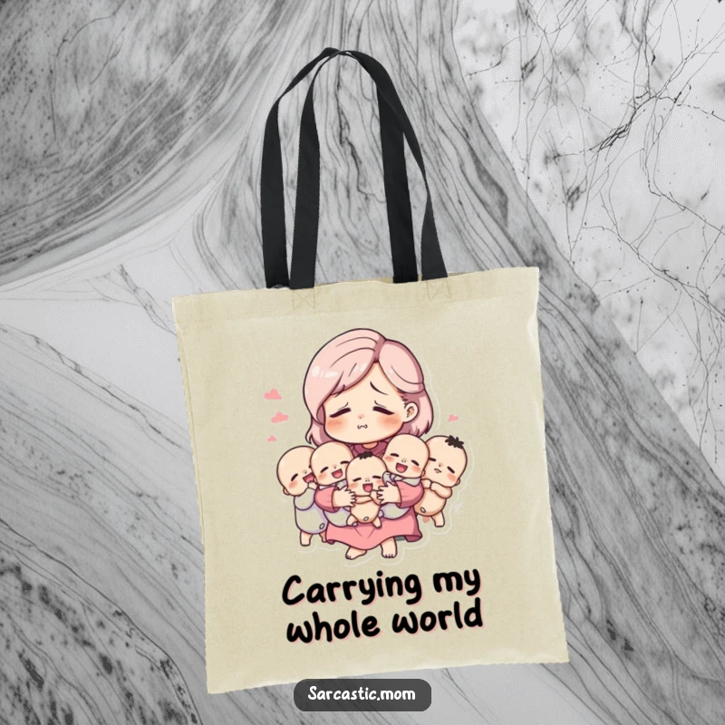 Funny tote bag with a tired but amused mother figure holding many babies, humorously depicting the busy life of a mom.