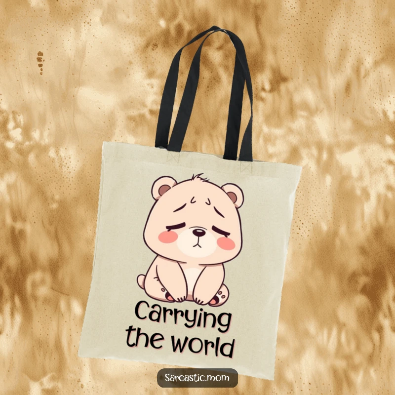 Funny Bear Mom Tote Bag showing a bear mom looking tired with slumped shoulders, perfect for everyday mom essentials.
