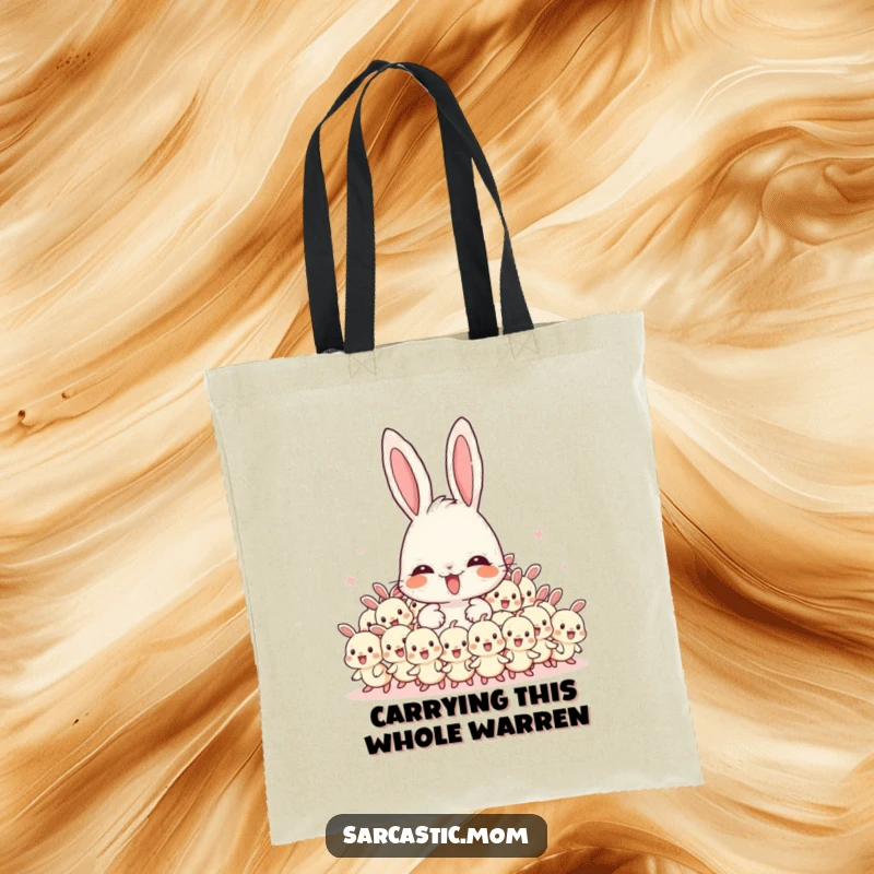 Funny Mama Bunny tote bag showing an overwhelmed mother bunny with a swarm of energetic baby bunnies, perfect for busy parents.