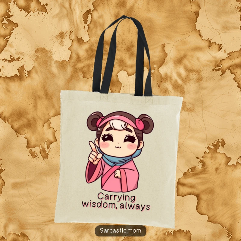 Funny tote bag with a mother figure offering unsolicited advice with a pointed finger, humorously depicting maternal guidance and direction.