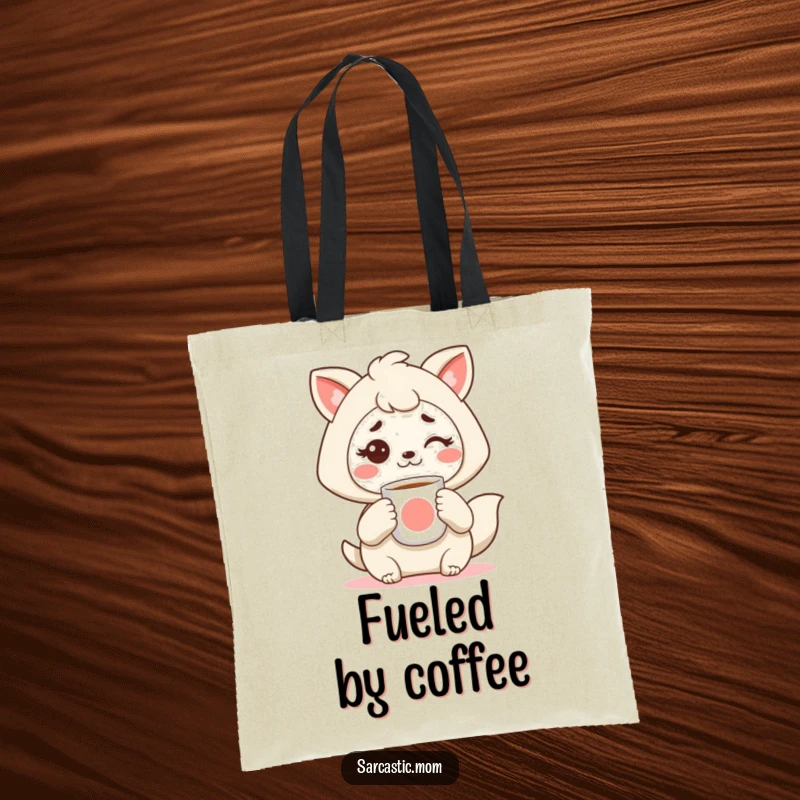 Funny Kawaii mother animal tote bag, holding coffee, with a raised eyebrow, for moms who need their caffeine fix, makes a great funny gift.