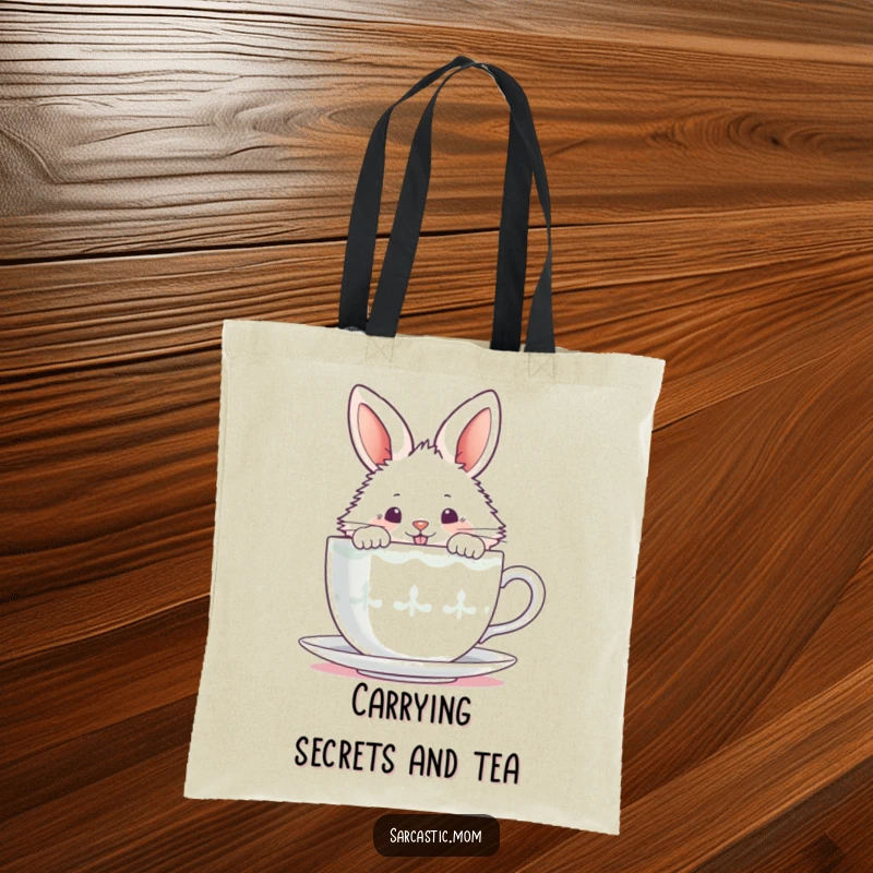 Funny fluffy bunny peeking over a steaming teacup with a mischievous grin on a durable tote bag.