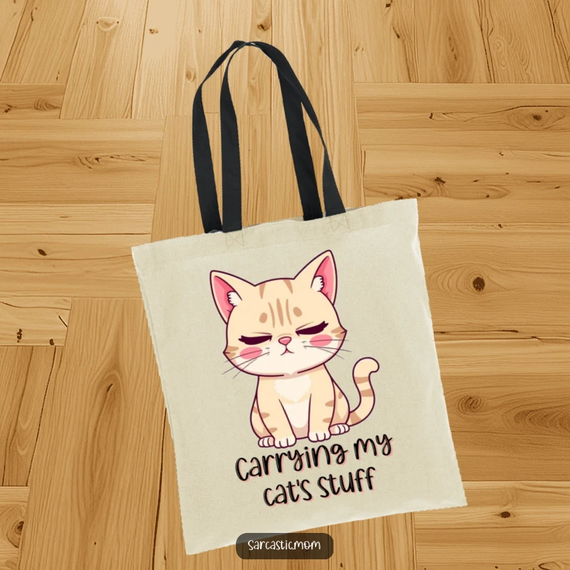 Funny Tote Bag: A sarcastic cat mom character with an eye-roll and sigh, a humorous and functional bag for cat lovers.