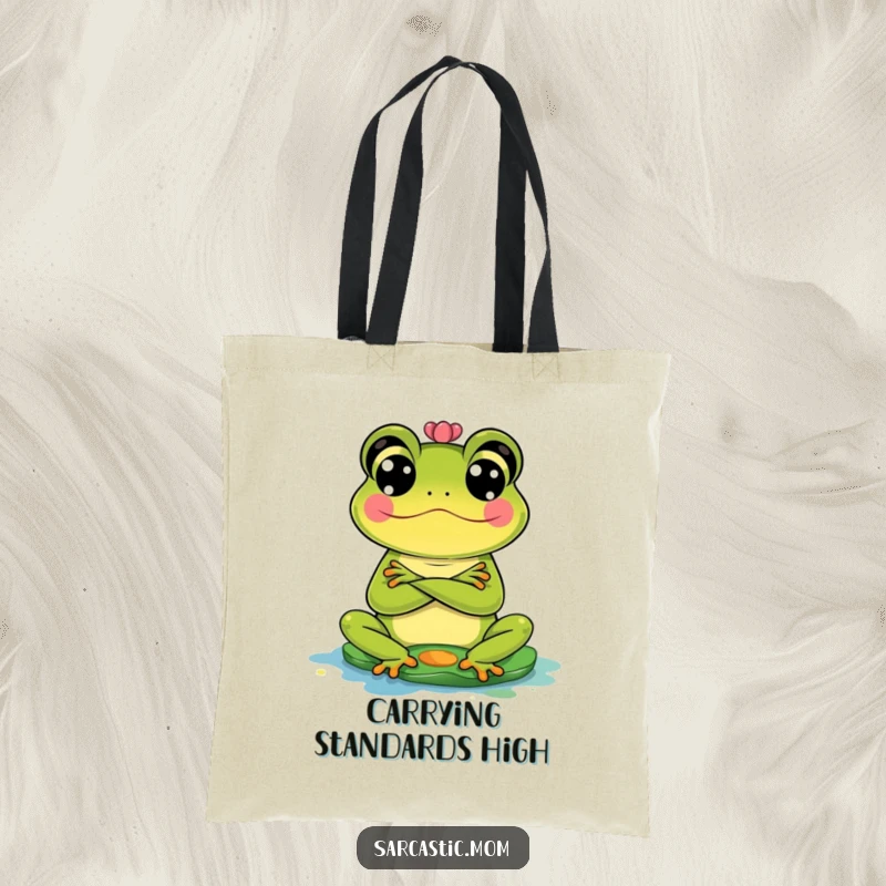 Funny Frog Mom Tote Bag: A frog mom with arms crossed judges a splattered lily pad.