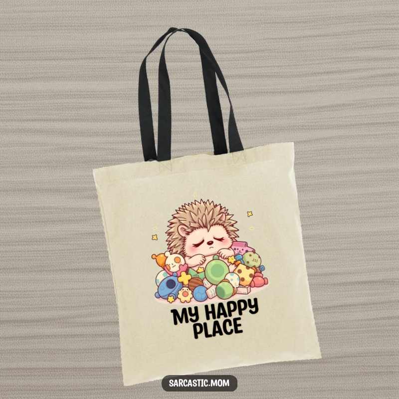 Funny grumpy hedgehog mom with toys on a tote bag, illustrating the humorous struggle for mom's sleep.