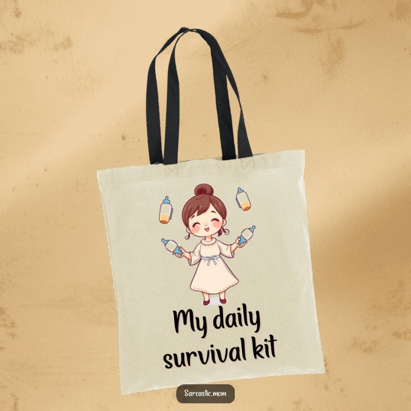 Funny Tote Bag: A whimsical mother character juggling baby bottles, a humorous and functional bag for busy parents.