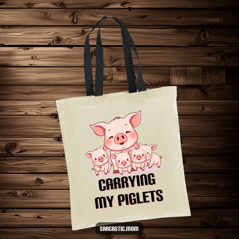 Funny mother pig character attempting to herd piglets, showcasing the humorous challenges of managing a group on this stylish tote bag.